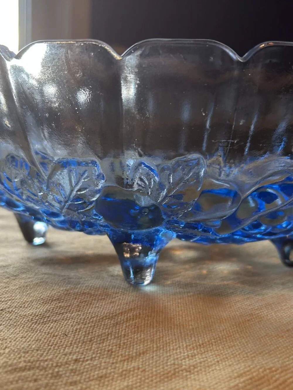 Vintage Indiana Glass  fruit   bowl   is a footed  oval  centerpiece  with a  sc